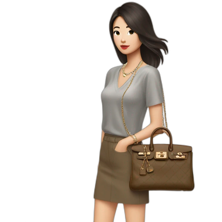 brunette Asian girl with Birkin bag and Chanel necklace emoji