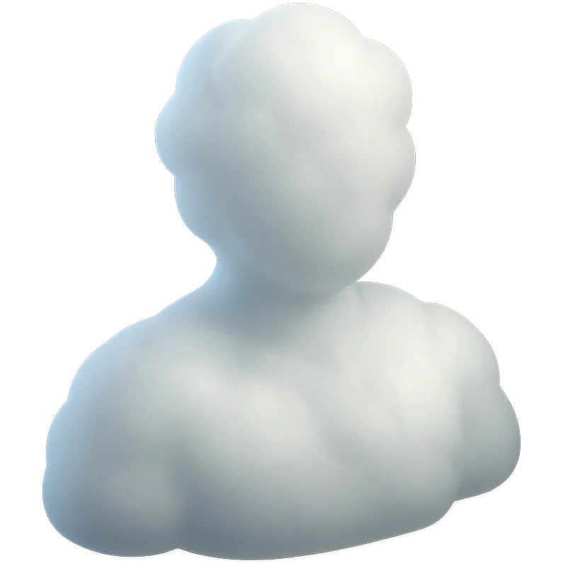 front view of a person made entirely of white fluffy convex clouds, shoulders visible, matte glass style emoji