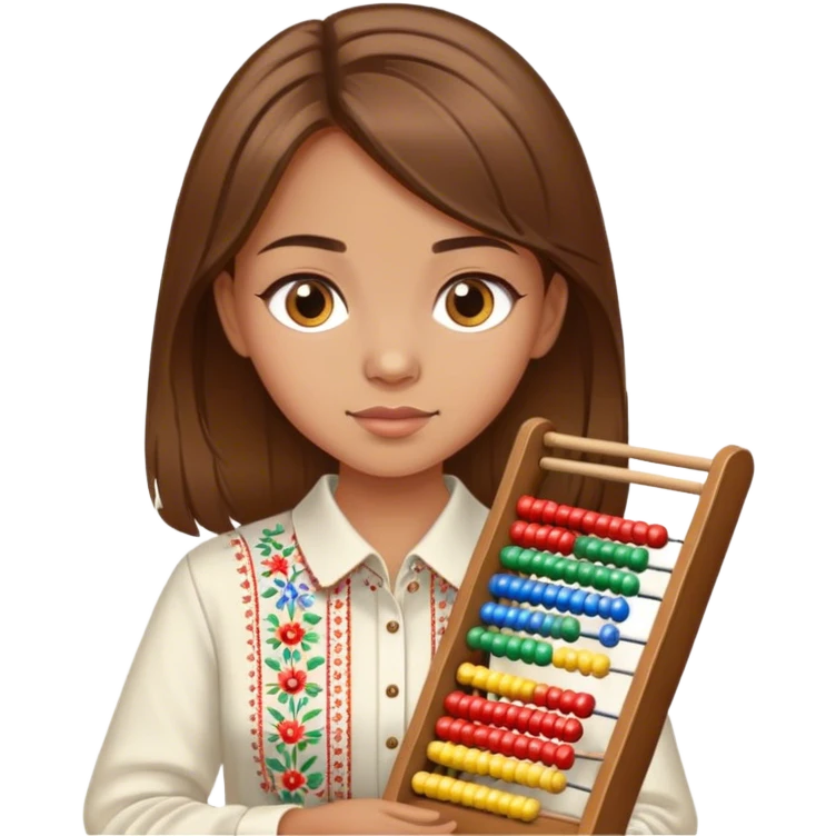 A Ukrainian girl with brown hair in an embroidered shirt holds an Abacus emoji