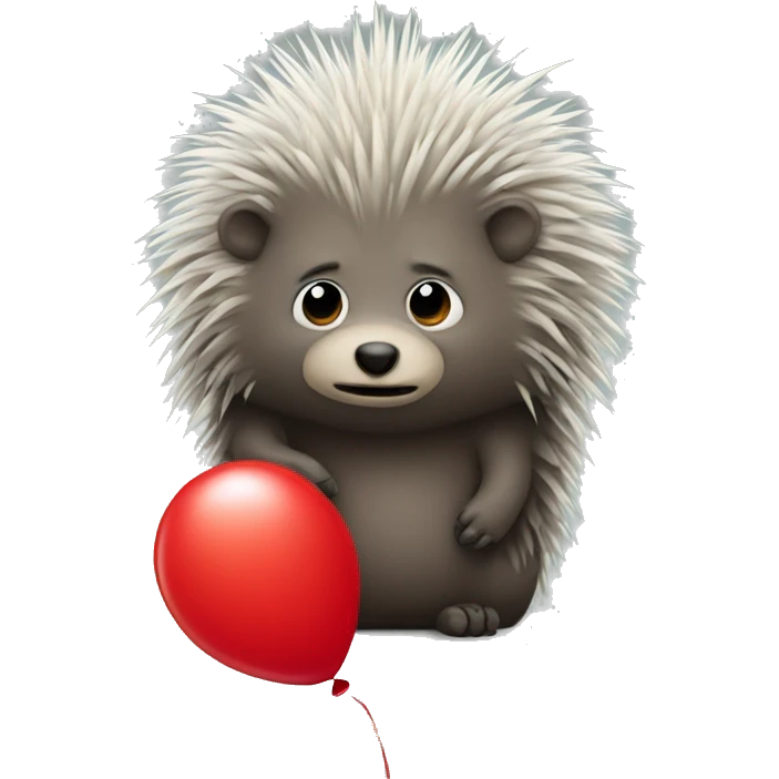Small sad porcupine holding a big red balloon emoji