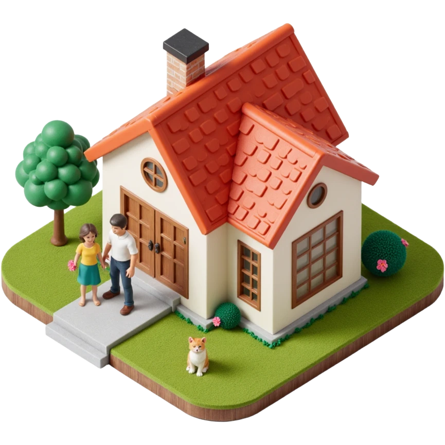 skeuomorphic icon of a modern house with a family (parents, child) and a cat on the porch, glossy and detailed emoji