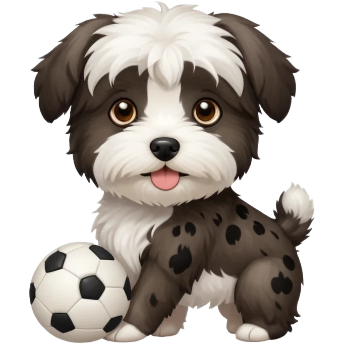 white Havenese with black spots dog standing with small ball emoji