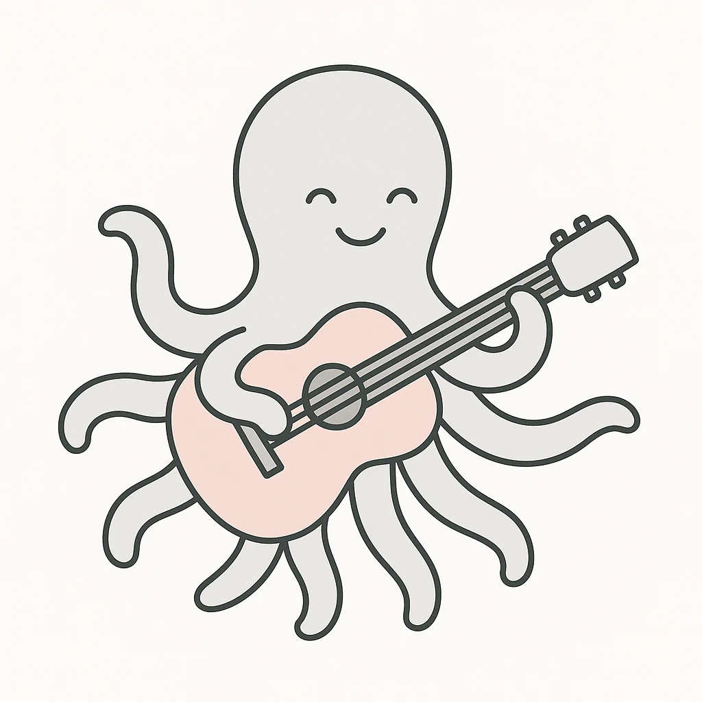 happy octopus with multiple arms playing guitar emoji