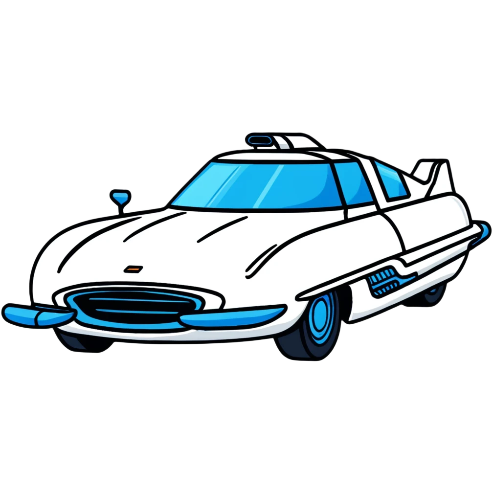 Retro-futuristic hover car inspired by the DeLorean, gullwing doors, silver metallic body with blue-tinted windows, stylized jet boosters in the back, flat vector style, outlined shapes, minimal design emoji