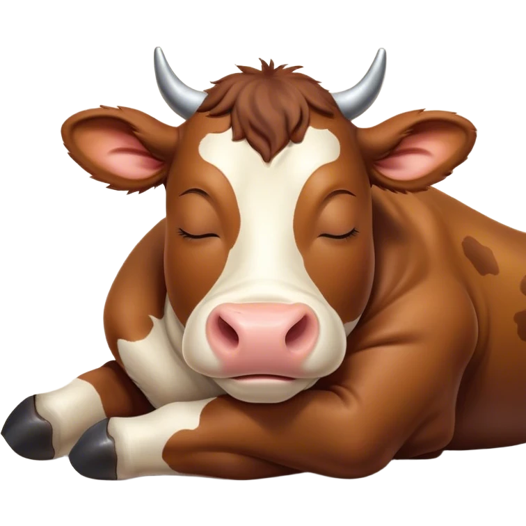 Meme-Worthy Cute Sleeping Brown Cow Portrait Emoji, Head resting peacefully with a contented smile, showcasing a robust build and a luxuriously soft deep brown hide, eyes shut in a serene, restful nap, Simplified yet hilariously adorable features, highly detailed, glowing with a soft, drowsy light, high shine, relaxed and utterly lovable, stylized with an air of playful laziness, bright and heartwarming, soft glowing outline, capturing the essence of a comically sleepy cow, so meme-worthy it feels like it could instantly become the next viral sensation of adorable slumber! emoji