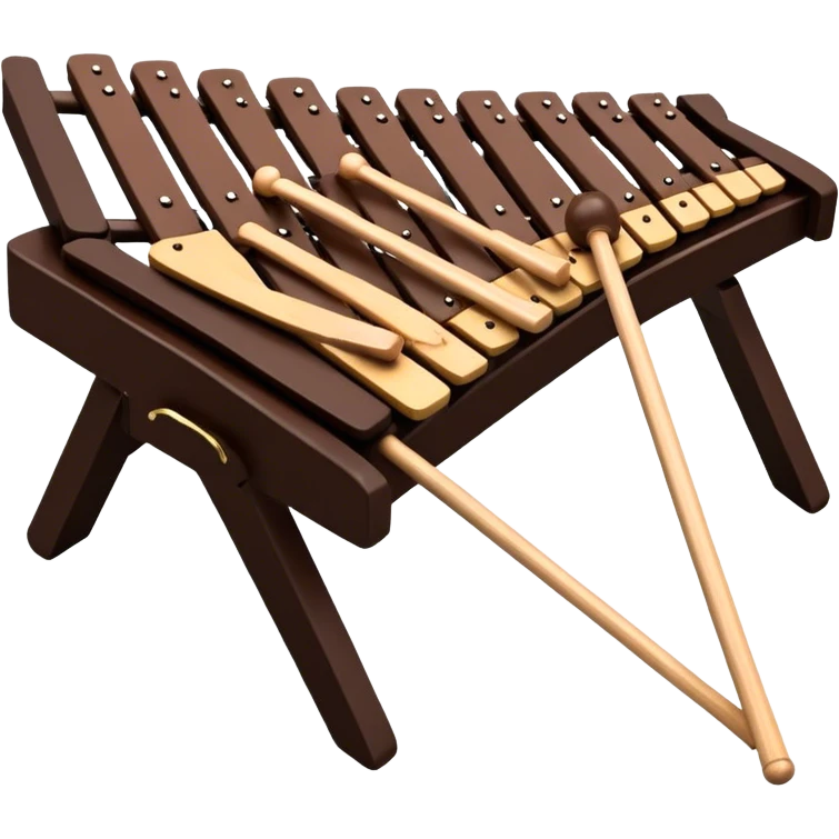 Create a detailed and professional emoji representing a Fleet FLT-SX37 orchestral wooden xylophone. The design should showcase the large, wooden bars of the xylophone arranged in a traditional layout, with a polished, smooth finish. The bars should be dark brown or mahogany, with soft metallic reflections on the resonators underneath. Include two mallets with rubber or wooden heads resting on the bars, emphasizing their role in striking the notes. The xylophone should have a sophisticated and professional appearance, with clean lines and a polished look. Add subtle musical notes or sound waves to represent the vibrant sound produced by the instrument. The background should be transparent. emoji