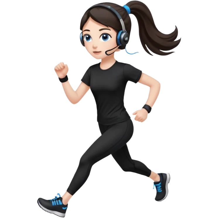 A girl with fair skin and a caring blush. Her eyes are big, expressive, blue. Her hair is long, straight, dark brown. 

 in a ponytail 


with black leggings and black tight shirt running with headphones emoji