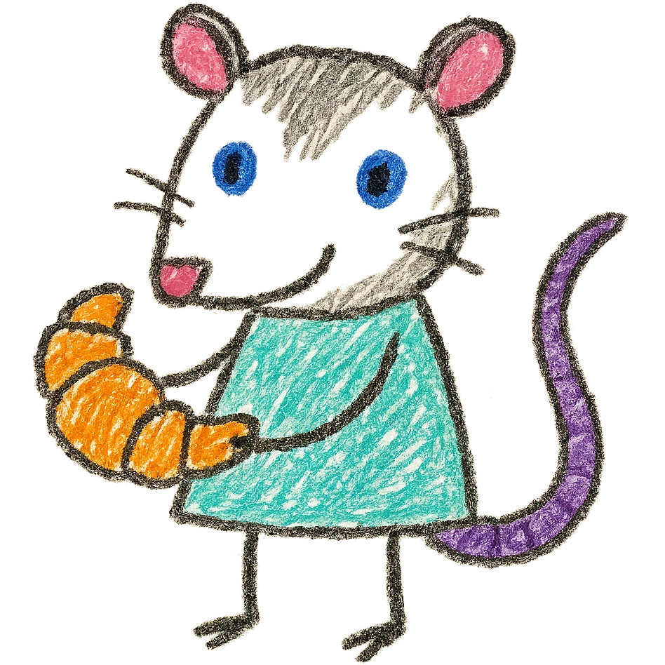 cute cartoon possum holding a croissant emoji