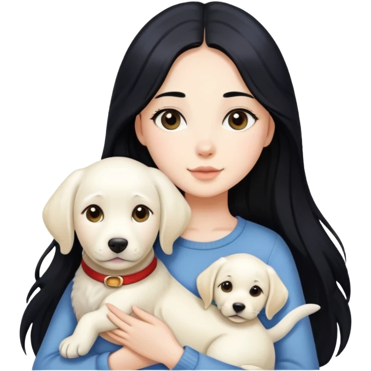 A beautiful girl with long black hair and fair skin is holding a white Labrador emoji