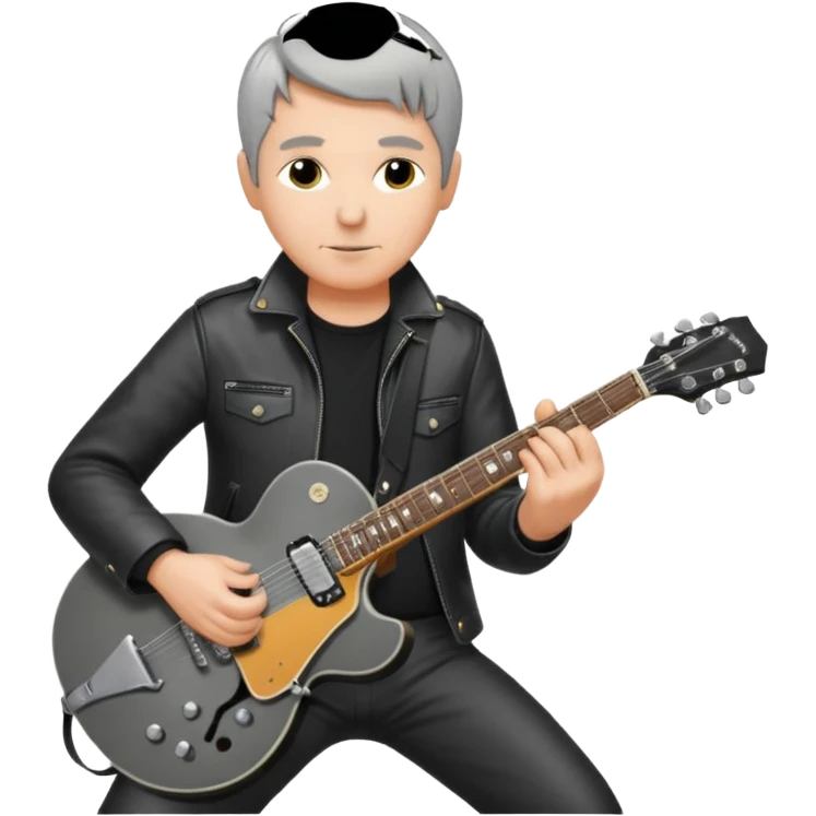 a short grey hair, middle age metal head with black leather, playing a classic epiphone eletric guitar emoji