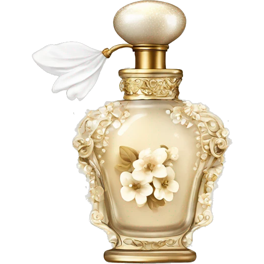 Vintage perfume bottle in antique Greek style, white and beige, oil perfume inside, sequins and flowers fluttering around emoji