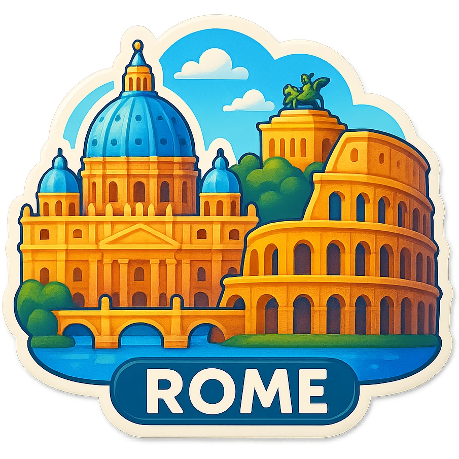 Adjust the coloring of the Rome emoji to be brighter, more true to life, and more daytime-like, removing the orange sunset tint. Keep the skyline, landmarks, lifelike detail, accurate colors, bright lighting, wide city view, and fully transparent background. Do not change anything else. emoji