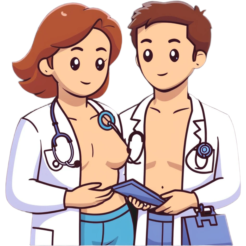 Professional female physician examining male patient's chest with stethoscope during routine medical check-up, patient sitting shirtless emoji