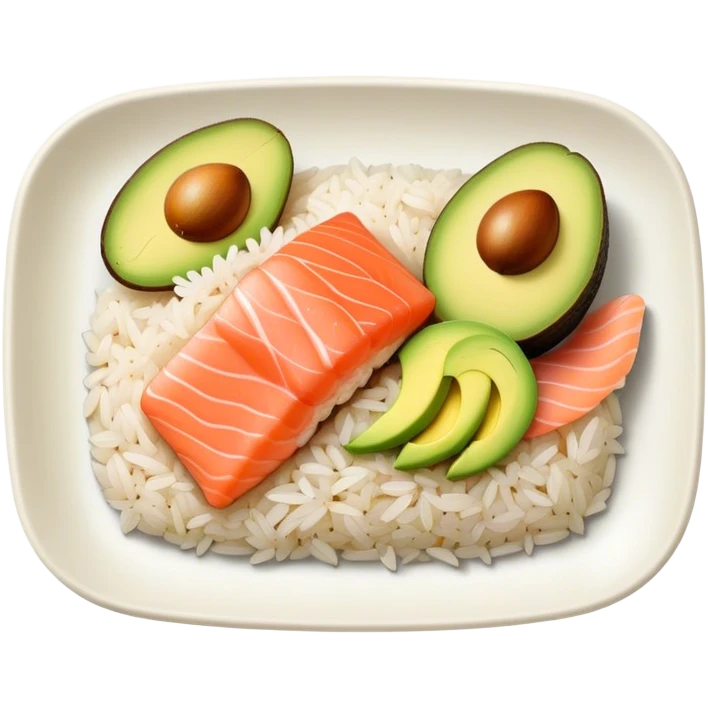 a biodegradable rectangular plate, contains rice, avocado, salmon emoji