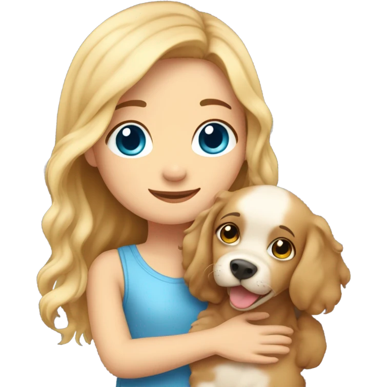 Please create a girl who hugs her pet doggie. The girl has a cute face and so does the doggie. The girl has light skin, blue eyes and light wavy long hair. emoji