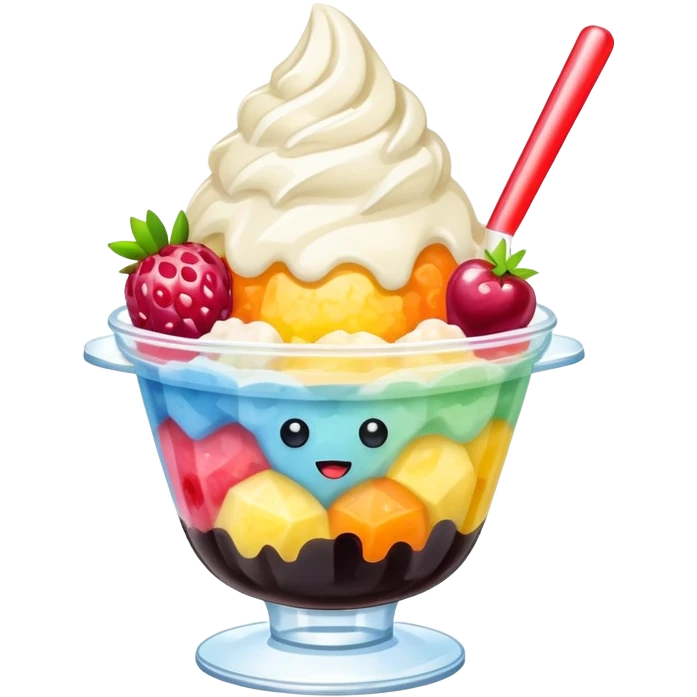 Taiwanese shaved ice dessert with boba, fruit, and condensed milk emoji