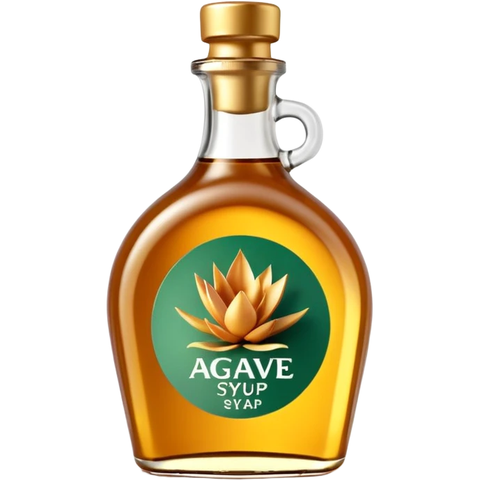 transparent bottle of agave syrup, warm golden-amber, shiny and viscous, curved bottle, plastic flip-top cap gold or green, minimal label, no text, 3D-rendered, clean, soft shadows, natural lighting, transparent background, emoji scale emoji