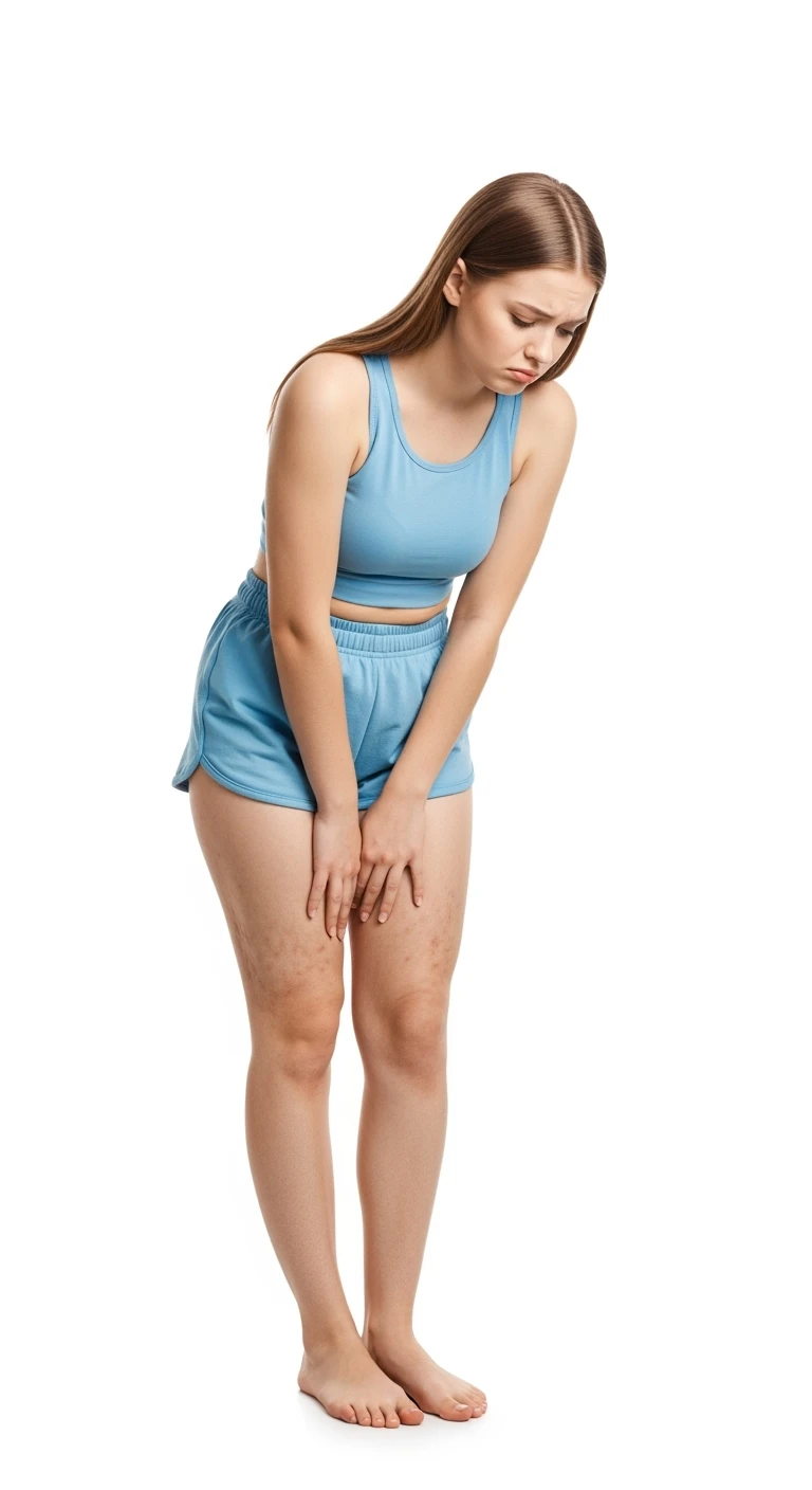 donna giovane con cellulite buchi di cellulite e ritenzione in gym short leggermente piegata in avanti, con espressione dispiaciuta in volto isolata su sfondo bianco emoji