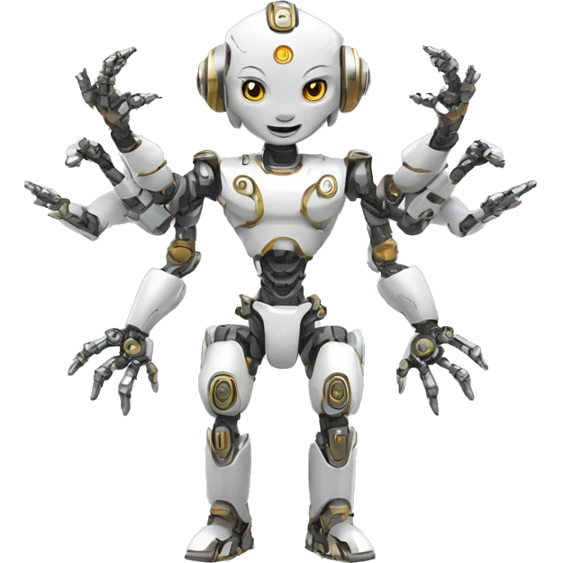 a high-tech white metal robot with multiple arms likeindian god emoji