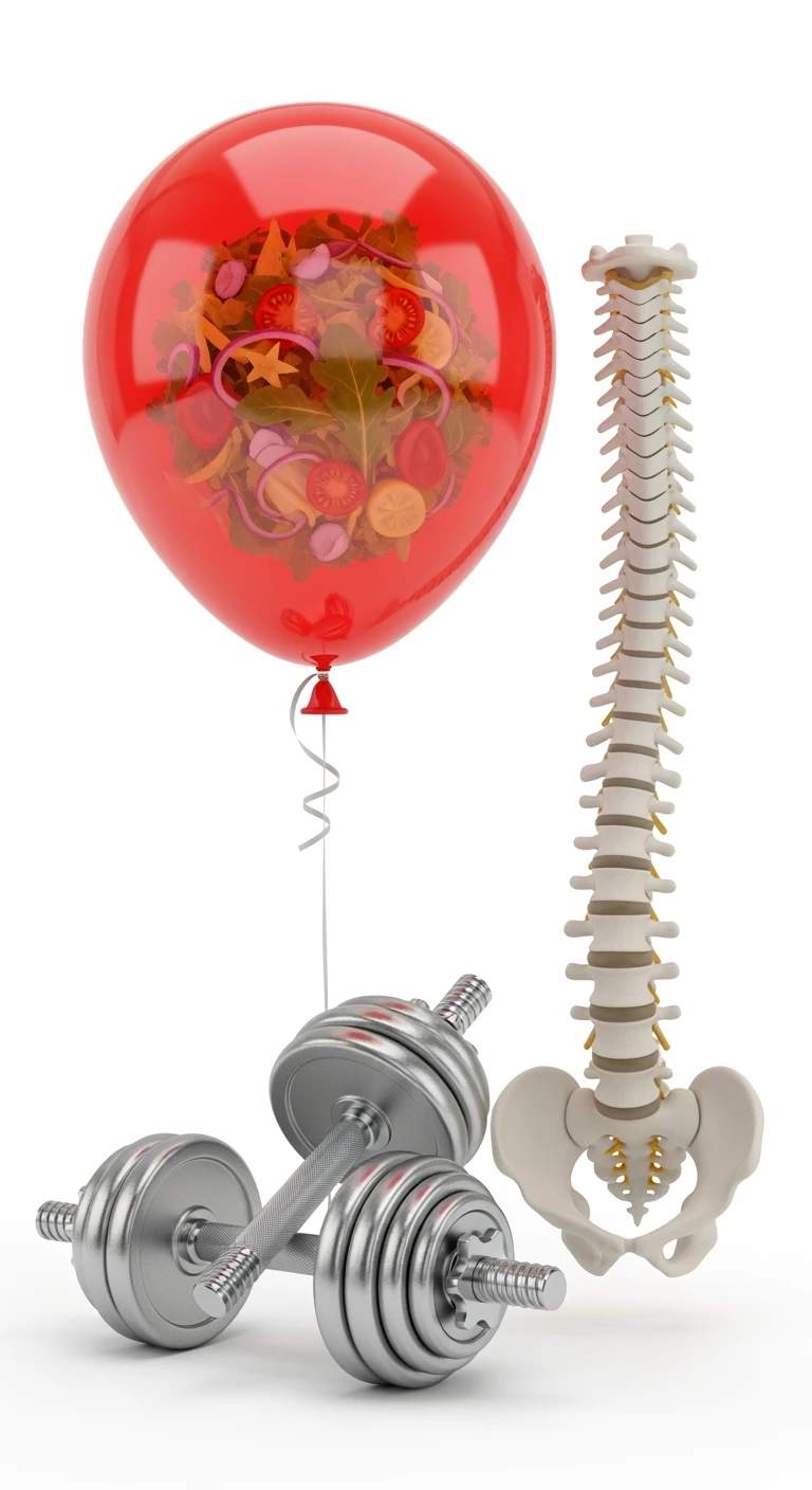palloncino rosso con all'interno insalata, manubri da palestra e una spina dorsale anatomica realistica in 3d, isolato su sfondo bianco emoji