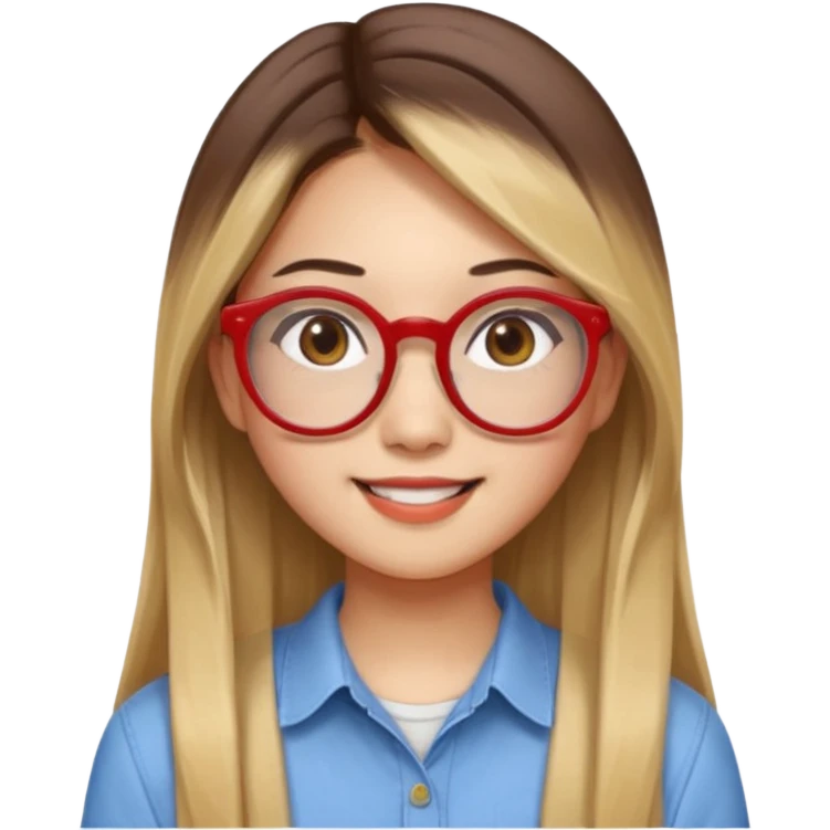 20 yr old asian woman, straight thick long brown hair, blond at ends of hair, center part to hair, big red glasses, brown eyes, casual shirt emoji
