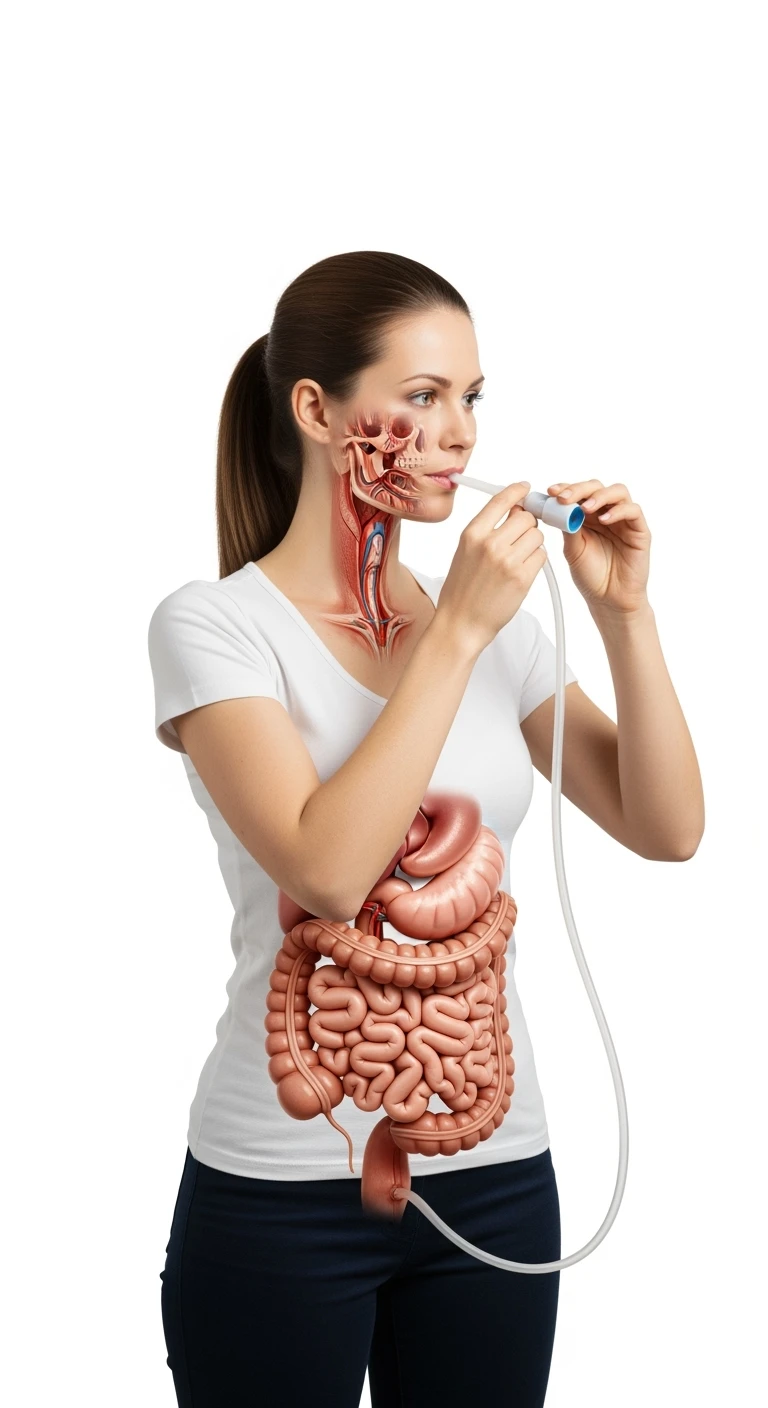 donna a figura intera con intestino anatomico realistico in evidenza che fa il "Breath test", iperrealistica 4k, sfondo bianco emoji