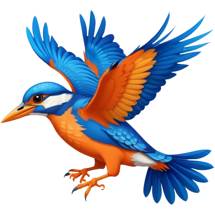Create a flying kingfisher keep the detail to a minimum but make it recognizable. Keep the number of colors limited to only 5 emoji