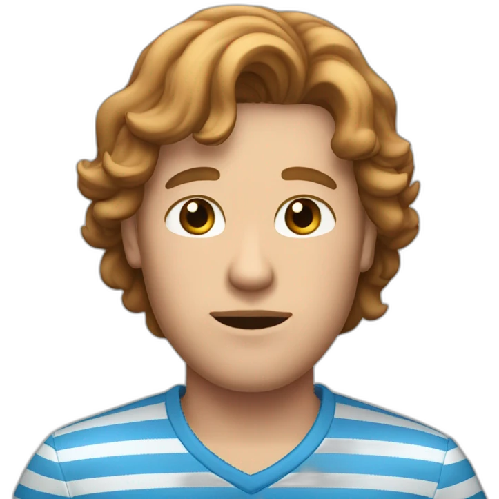 a male white human with brown puffy  hair, a blue shirt with two pink stripes on it black pants and eyes-closed and mouth straight emoji