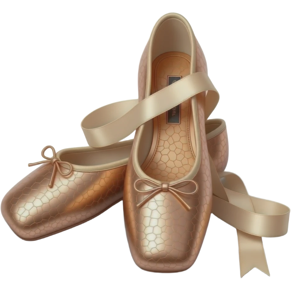Custom pointe shoes made of mirrored rose gold metal with a slight texture of crackle. The ribbons are silk. They are sitting on a dark, reflective surface. Emoji aesthetic, detailed, cinematic lighting, surgical transparency emoji