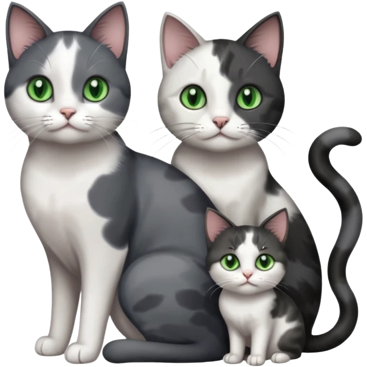 3 different coloured small cats including a dark grey and white, and a patchy calico and a completely solid dark grey with green eyes and only white paws emoji