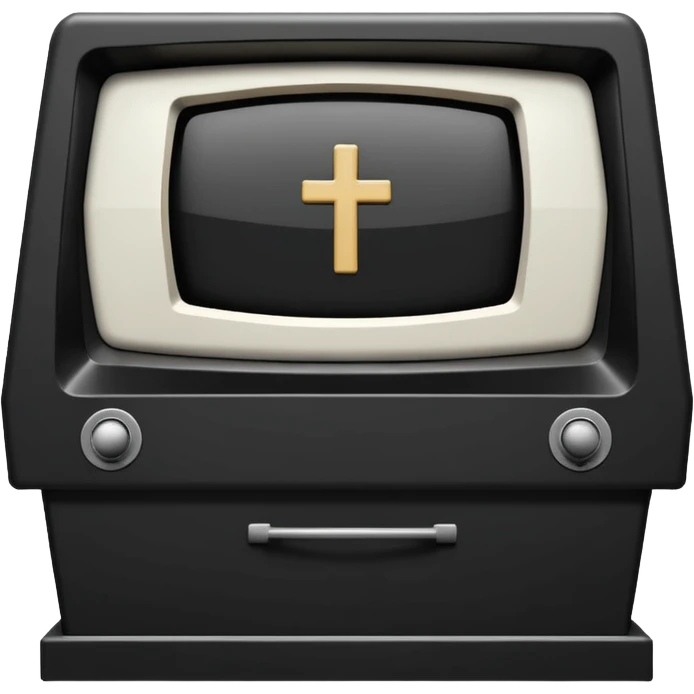 Minimalist emoji-style sticker of a CRT TV in the shape of a coffin, with a cross or static noise on the screen. Desaturated design.  emoji