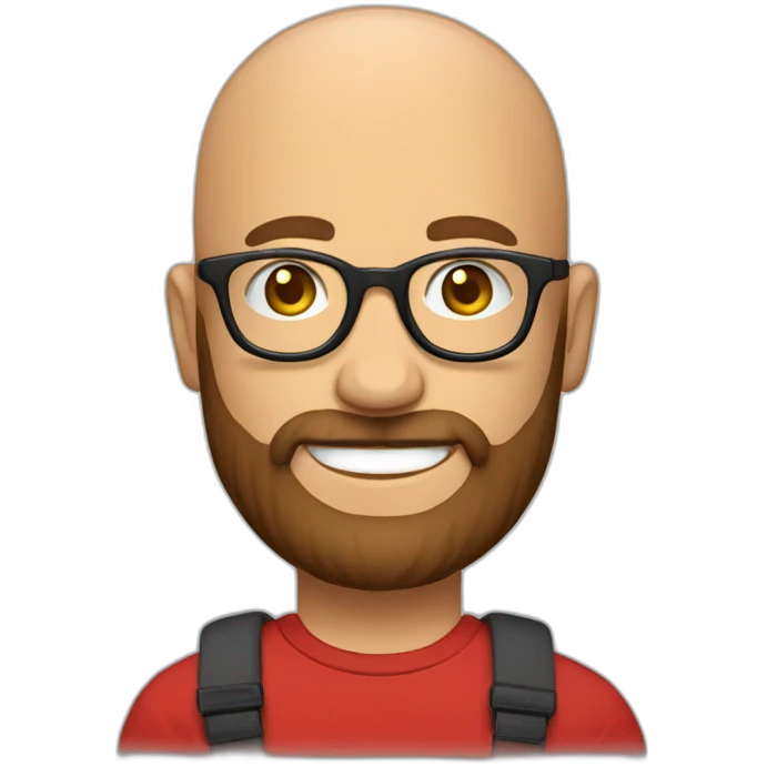 Bald man smiling with glasses and big bushy brown beard with. Wearing red t shirt emoji