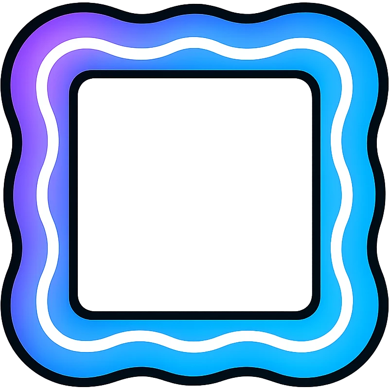 square stop symbol with dark black hole center, swirling bright purple and blue border, white neon glow emoji