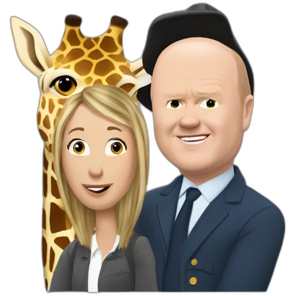 Victoria Coren-Mitchell and Phil Mitchell riding a giraffe emoji
