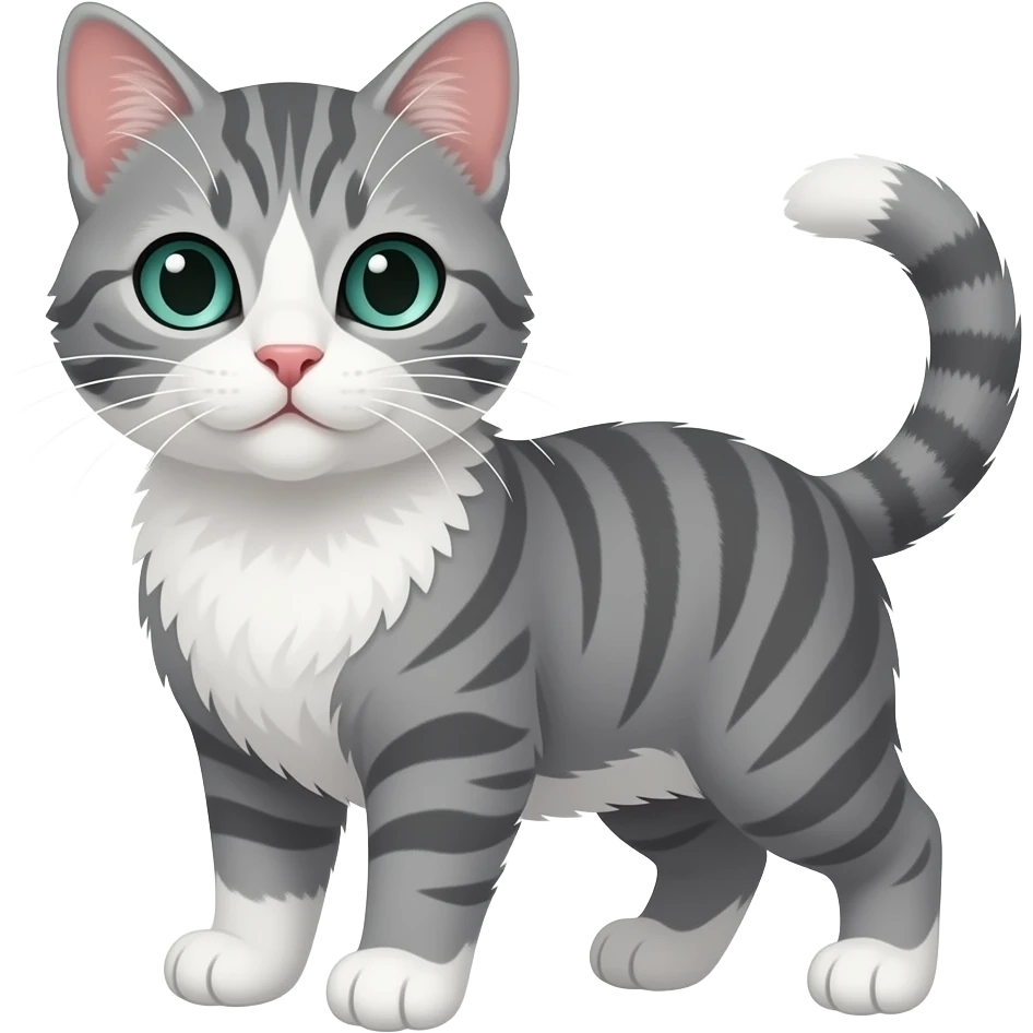 A grey tabby kitten with a muzzle, white chest and belly, white paws, a white tip on the end of its tail and teal green eyes. emoji