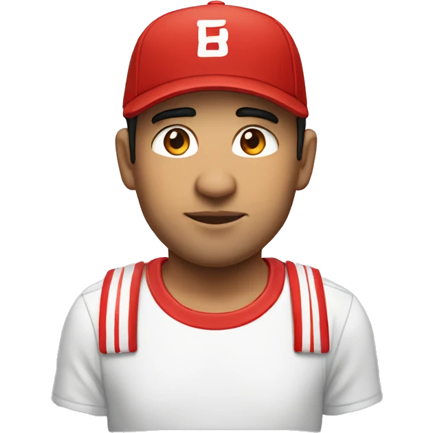 Man, male, young from about 30 to 40 years old, of Latin descent, with a t-shirt composed of red and white sticks vertically and a red cap emoji