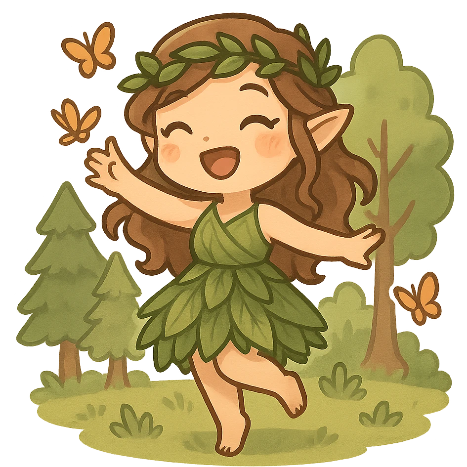 chibi forest nymph, dancing with butterflies, radiant smile, woodland setting emoji