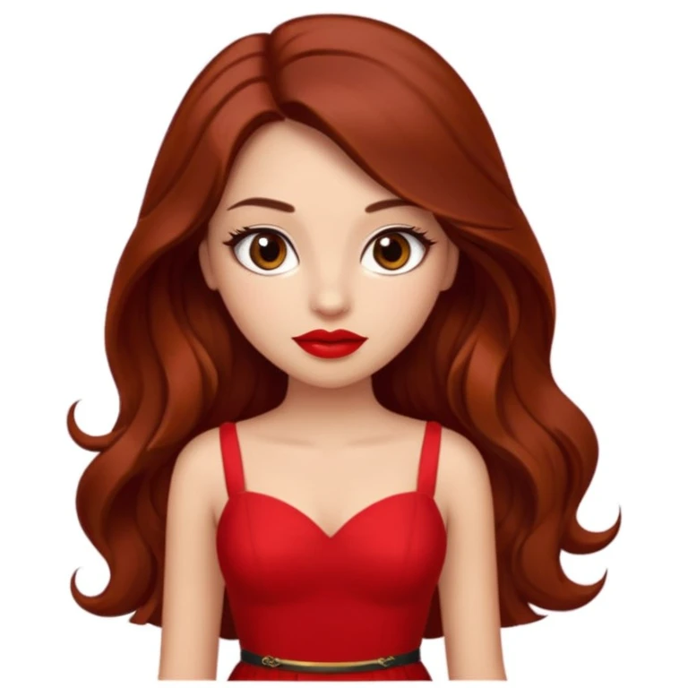 Sexy busty Latina with round face and large eyes and auburn long hair lashes lipstick and a tiny waist emoji