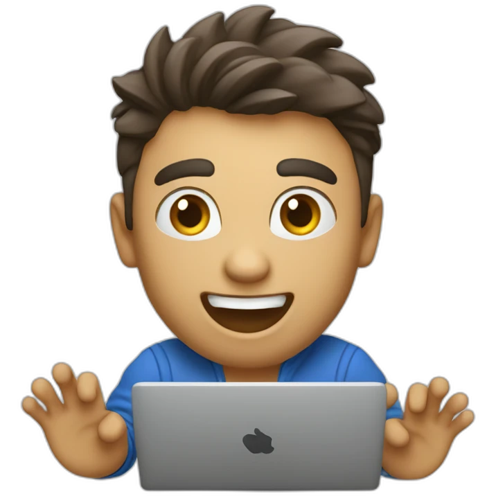 SUPER EXCITED designer with laptop with rasied hand and wohoing emoji