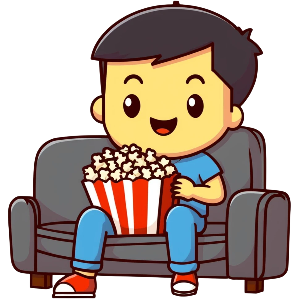 Person sitting comfortably on couch watching movie with popcorn in hand, excited expression emoji