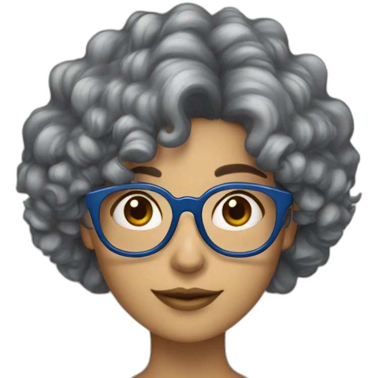 Chica pelo rizado corto, gris claro gafas azul emoji
