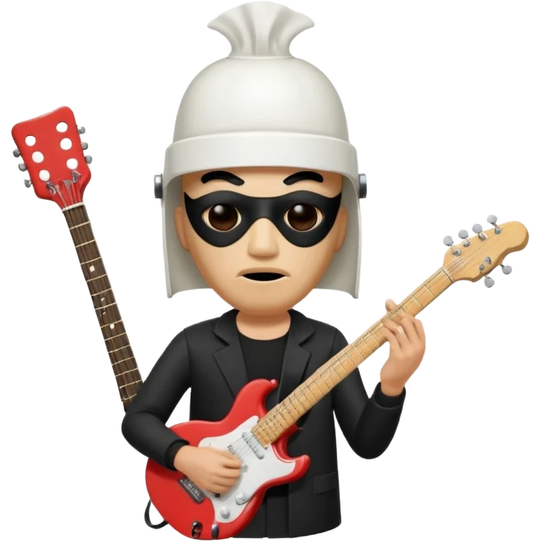 guitarist wearing a white bucket on his head, with two eye holes, a blank expression, and a small theatrical mask on the bucket. He’s holding an electric guitar, dressed in a simple black outfit, giving off a mysterious but playful rock legend vibe, kfc bucket on his head emoji
