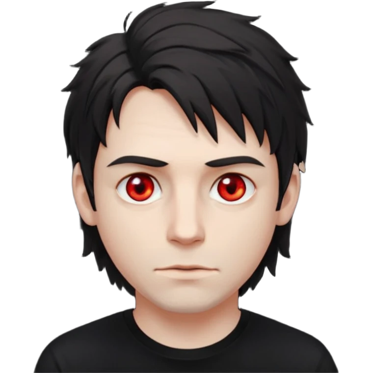 Парень с бледной кожей и красными глазами,  чёрные растрёпанные волосы до ушей, в черной футболке  emoji