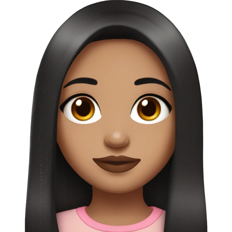  a teenage girl with black long hair/red highlights, brown eyes, medium lashes,light pink lips with lipgloss emoji