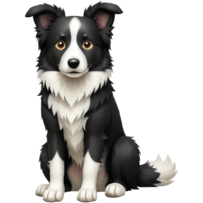 cinematic-[border collie dog]-realistic-full-body-sitting-emoji,-tail-resting-loosely-beside-its-paws,-head-tilted-dramatically,-scruffy-[black and white]-fur,-simplified-yet-realistic-focused-features,-highly-detailed,-glowing-with-an-almost-sarcastic-glow emoji