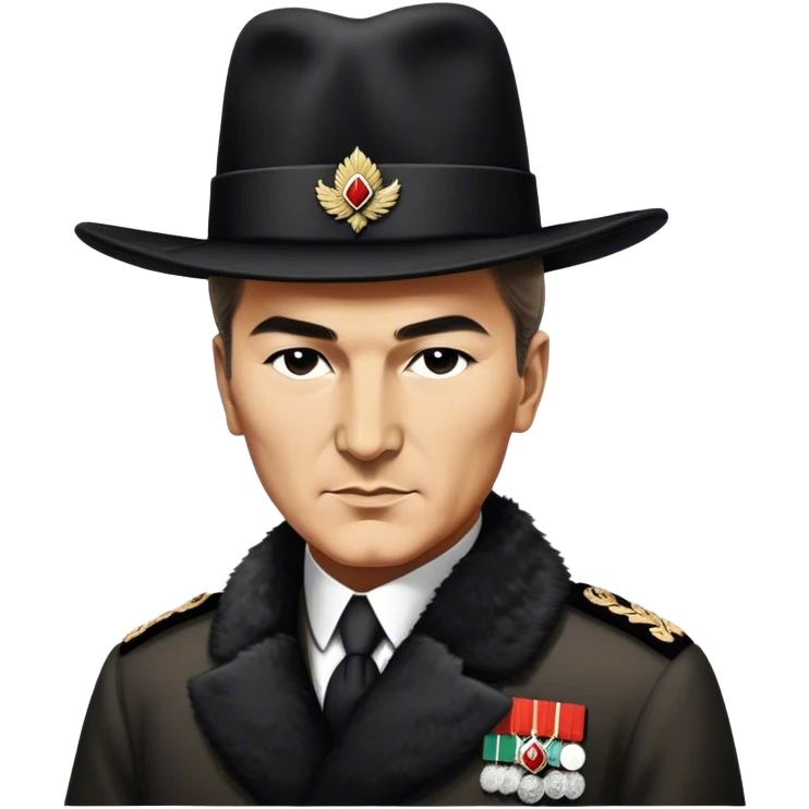 ​Cinematic Realistic Portrait of a Young Mustafa Kemal Atatürk, depicted wearing an iconic tall black fur hat along with traditional attire, his confident, visionary expression illuminated by warm, inspiring lighting, rendered with rich historical textures that capture his youthful dynamism and transformative leadership, emoji