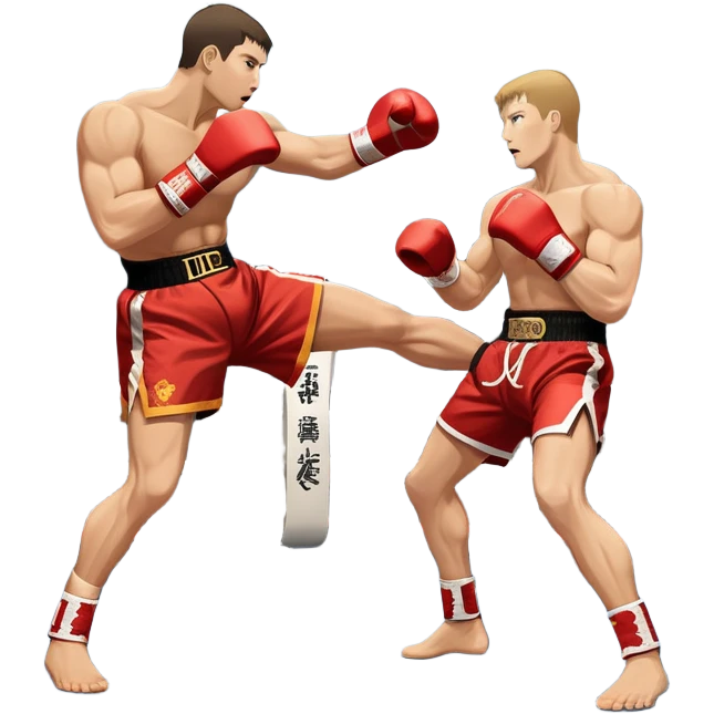 An icon symbolizing kickboxing, featuring two fighters in the midst of an intense match. One throws a powerful roundhouse kick, while the other counters with a punch. The background shows a ring, with ropes and a cheering crowd. Transparent background highlights the action and strength emoji