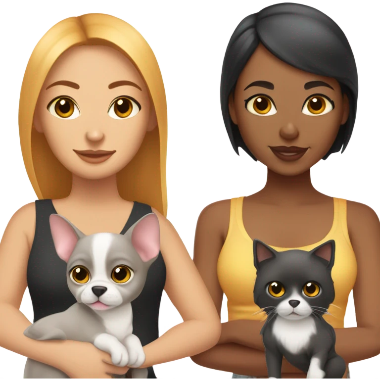 Latino woman with black staight hair and brown eyes is holding a grey sphynx kitten and a ginger/ yellowish pomeranian dog emoji