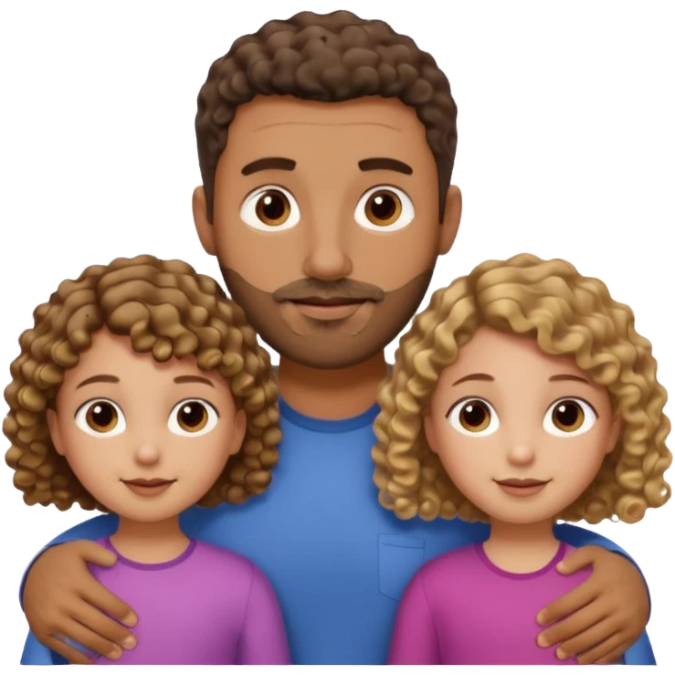 Brown dad with short fade and stubble beard with his two daughtersbone who is 5 and has curly brown and blone hair and one who is smaller who has wavy brown hair mixed race emoji