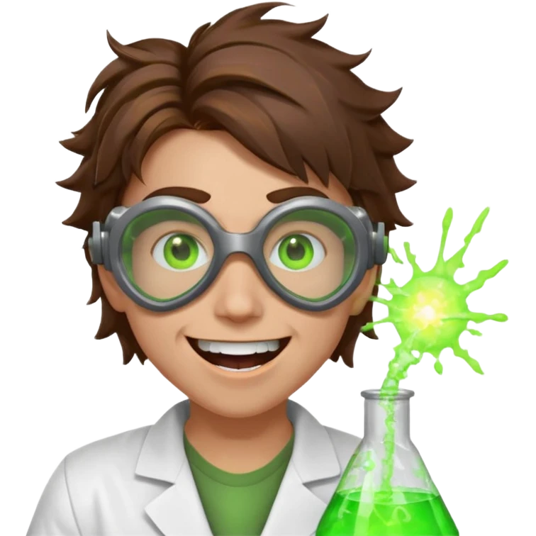 mad nuclear scientist portrait, head and shoulders only, messy hair, cracked goggles, glowing radioactive green light, excited crazy smile, 3D cartoon, mobile game icon style, clean background, no text, no watermark
 emoji